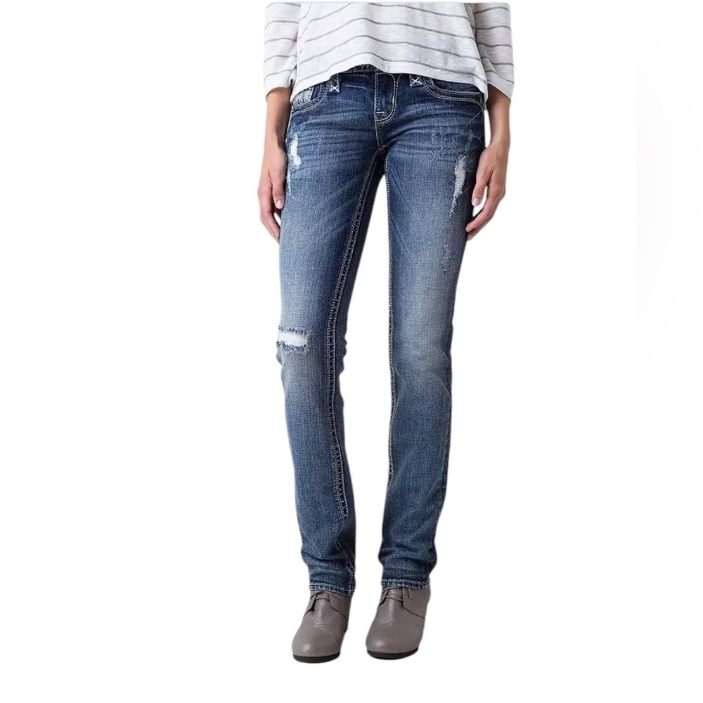 Rock Revival Women’s Alivia Straight Leg Blue Jeans Size 28 Distressed